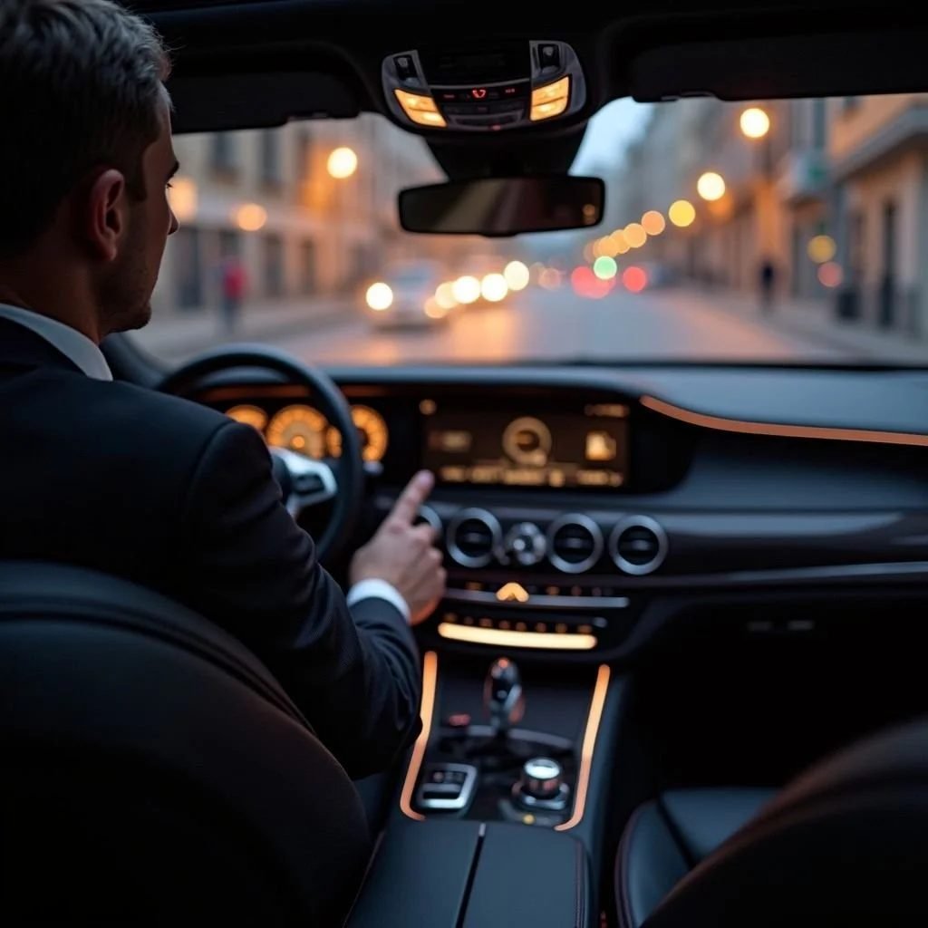 Chauffeur rijdt 's avonds door de stad